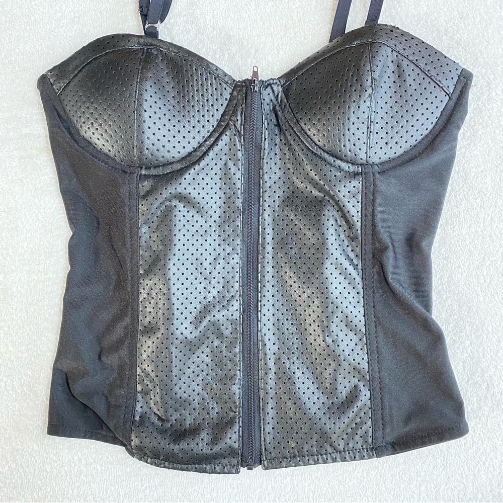 Black Faux Leather Zip Front Bustier Top M - Picture 4 of 16